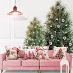 Amorly Set Of 4 18X18 Inch Merry Christmas Throw Pillow Covers, Santa Snowman Xmas Tree Motifs, Farmhouse Cushion Cases For Festive Decor - thumbnail 7