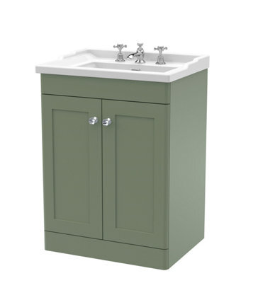 Balterley Swynnerton Traditional 2 Door Floor Standing Vanity Unit With Basin, Satin Green, 600mm - image 1