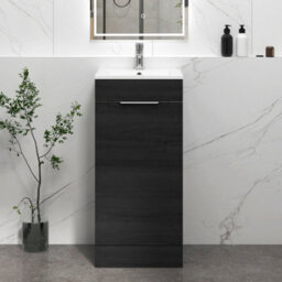 Royal Bathrooms Royal Bathroom Turin 400mm Floor Standing Cloakroom Vanity Unit With 1 Tap Hole Ceramic Basin 1 Door Storage Cabinet - Hale Black - thumbnail 1