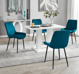 Furniturebox Uk 4 Seater Dining Set - Imperia White High Gloss Dining Table And Chairs - 4 Blue Pesaro Black Leg Chairs
