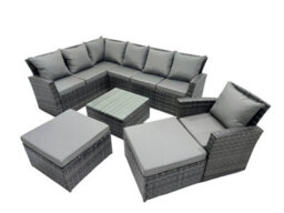 Fimous 9 Seat Poly Rattan Outdoor Patio Coffee Table Corner Sofa Set With 2 Big Stool Chair For Garden Backyard Dark Grey Mixed - thumbnail 2
