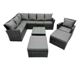 Fimous 9 Seat Poly Rattan Outdoor Patio Coffee Table Corner Sofa Set With 2 Big Stool Chair For Garden Backyard Dark Grey Mixed - thumbnail 1