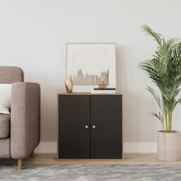Urbn-Living Urbnliving Height 60Cm 2 Tier Wooden Storage Cabinet Side Furniture Cabinet Colour Oak & Black Door Cupboard Bedroom Hallway Shelf - thumbnail 2