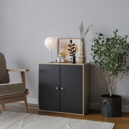 Urbn-Living Urbnliving Height 60Cm 2 Tier Wooden Storage Cabinet Side Furniture Cabinet Colour Oak & Black Door Cupboard Bedroom Hallway Shelf - thumbnail 3