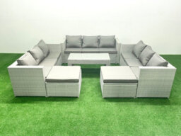 Fimous Rattan Garden Outdoor Furniture Set 11 Seater Garden Sofa Oblong Coffee Table Set 2 Big Stools Light Grey - thumbnail 2