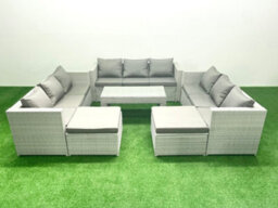 Fimous Rattan Garden Outdoor Furniture Set 11 Seater Garden Sofa Oblong Coffee Table Set 2 Big Stools Light Grey - thumbnail 1