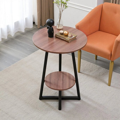 Round Side Table Wooden End Table Sofa Coffee Table Metal Frame Walnut Finish - image 1