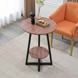 Round Side Table Wooden End Table Sofa Coffee Table Metal Frame Walnut Finish - thumbnail 1