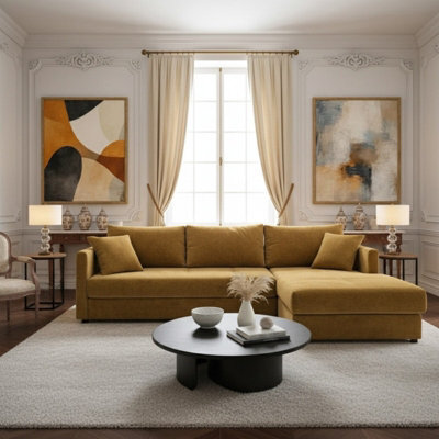 Orea Grey Fabric Corner Sofa Bed With Storage Profiled Cushions Stylish Multi Functional Sleeper For Living Room Mustard Right - image 1