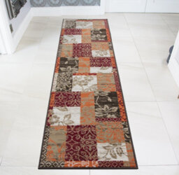 Loomed Red Terracotta Brown Floral Patchwork Living Room Runner Rug 60X240Cm - thumbnail 1