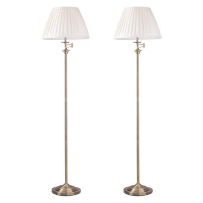 First Choice Lighting Set Of 2 Antique Brass Swing Arm Floor Lamps With White Pleated Shades - image 1