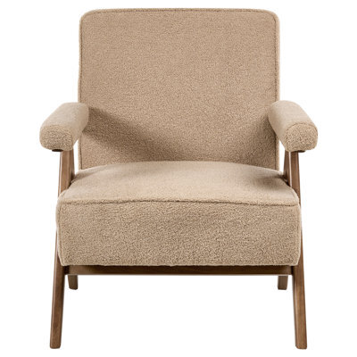 Wyld And Coco Sand Beige Boucle Armchair With Retro Rubberwood Frame And Pillow-Top Armrests - image 1