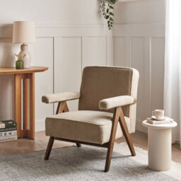 Wyld And Coco Sand Beige Boucle Armchair With Retro Rubberwood Frame And Pillow-Top Armrests - thumbnail 2