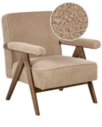 Wyld And Coco Sand Beige Boucle Armchair With Retro Rubberwood Frame And Pillow-Top Armrests - thumbnail 3