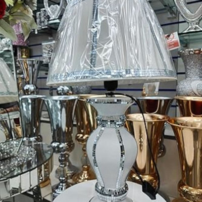 Biznest White & Silver Table Lamp With Shade Ornament Home Diamante State Line Design