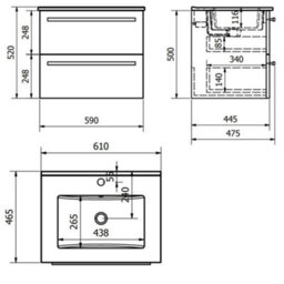Clifton Bathroom 2-Drawer Wall Hung Vanity Unit With Ceramic Basin 600mm Wide - White  - Brassware Not Included - thumbnail 3