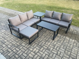 Fimous Aluminium 5 Pieces Outdoor Garden Furniture Lounge Sofa Set With Oblong Coffee Table Big Footstool Side Table Dark Grey - thumbnail 1