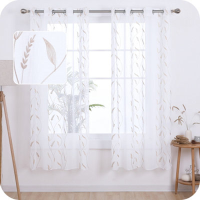 Deconovo Faux Linen Embroidered Voile Curtains Eyelets Sheer Curtains Home Decorative Net Curtains 55 X 72 Inch Linen One Pair