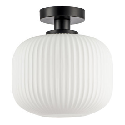 Happy Homewares Matte Black Bathroom Ceiling Light With Opal Ribbed Glass Shade - image 1
