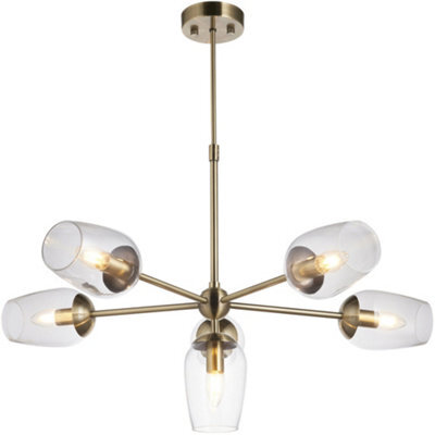 Loops Multi Arm Hanging Ceiling Pendant Light - Antique Brass Plate Adjustable Stem & 6X Clear Glass Shades - image 1