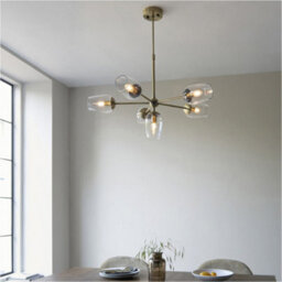 Loops Multi Arm Hanging Ceiling Pendant Light - Antique Brass Plate Adjustable Stem & 6X Clear Glass Shades - thumbnail 4