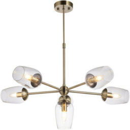 Loops Multi Arm Hanging Ceiling Pendant Light - Antique Brass Plate Adjustable Stem & 6X Clear Glass Shades - thumbnail 1