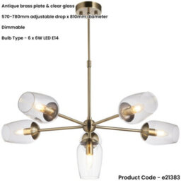 Loops Multi Arm Hanging Ceiling Pendant Light - Antique Brass Plate Adjustable Stem & 6X Clear Glass Shades - thumbnail 2