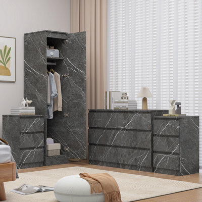 Zita Grey Marble Effect 4Pc Bedroom Set - 1-Door Wardrobe, Wide Chest & 2 Bedside Tables, Contemporary Bedroom Storage Solution - image 1