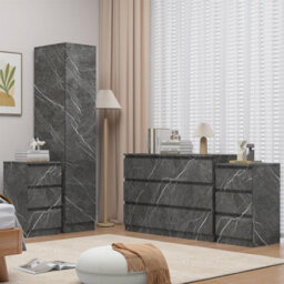 Zita Grey Marble Effect 4Pc Bedroom Set - 1-Door Wardrobe, Wide Chest & 2 Bedside Tables, Contemporary Bedroom Storage Solution - thumbnail 2