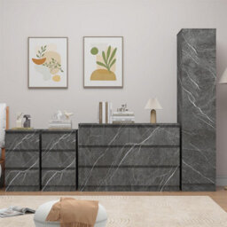 Zita Grey Marble Effect 4Pc Bedroom Set - 1-Door Wardrobe, Wide Chest & 2 Bedside Tables, Contemporary Bedroom Storage Solution - thumbnail 3