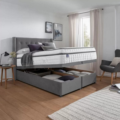 Silentnight Super King Ottoman Divan Bed With Velvet Bloomsbury Winged Headboard In Charcoal Grey, 180 X 200Cm, Storage Base - image 1