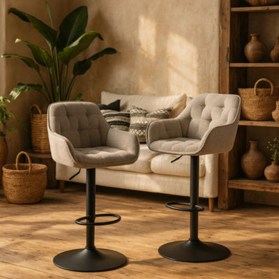 Wyld Haus Buttonfern Set Of 2 Beige Bouclé Diamond-Tufted Swivel Bar Stools Adjustable Height