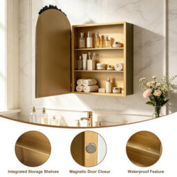 Artloge Luvodi 51X76.5Cm Vintage Arched Mirror Cabinet, Antique Brass Bathroom Medicine Cabinet With Shelves - thumbnail 5