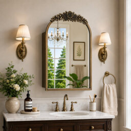 Artloge Luvodi 51X76.5Cm Vintage Arched Mirror Cabinet, Antique Brass Bathroom Medicine Cabinet With Shelves - thumbnail 6
