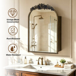 Artloge Luvodi 51X76.5Cm Vintage Arched Mirror Cabinet, Antique Brass Bathroom Medicine Cabinet With Shelves - thumbnail 4