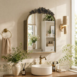 Artloge Luvodi 51X76.5Cm Vintage Arched Mirror Cabinet, Antique Brass Bathroom Medicine Cabinet With Shelves - thumbnail 7