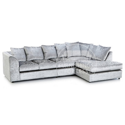 Furnishings For Less UK Crystal Crushed Velvet Fabric 5 Seater L Shaped Corner Sofa  Silver Right Hand Facing - Scatter Back - image 1