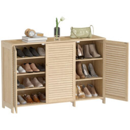 Homcom Bamboo Shoe Cabinet With Louvered Doors 18 Pairs Shoe Storage Cabinet - thumbnail 2