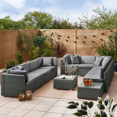 Furniturebox Orlando Grey Rattan Garden Sofa Modular Outdoor Patio Couch Seating - Table & 10 Chairs Garden Corner Sofa Set +Cover - image 1