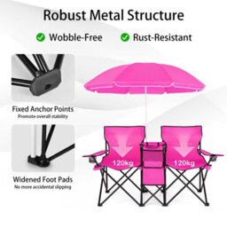 Costway Folding Loveseat Camping Chair Portable Outdoor Chair Carrying Bag-Pink - thumbnail 4