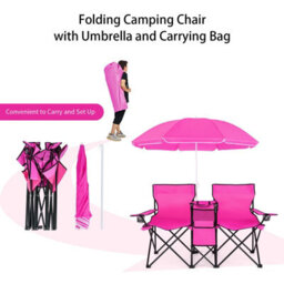 Costway Folding Loveseat Camping Chair Portable Outdoor Chair Carrying Bag-Pink - thumbnail 7