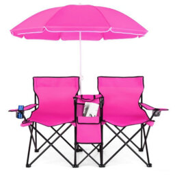 Costway Folding Loveseat Camping Chair Portable Outdoor Chair Carrying Bag-Pink