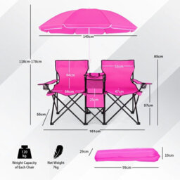 Costway Folding Loveseat Camping Chair Portable Outdoor Chair Carrying Bag-Pink - thumbnail 2