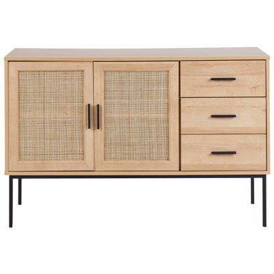 Wyld And Coco Bohonest 2-Door Sideboard With 3 Drawers And Rattan Detail, Light Wood, Black Frame - W120 X D39 X H77Cm - image 1