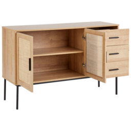 Wyld And Coco Bohonest 2-Door Sideboard With 3 Drawers And Rattan Detail, Light Wood, Black Frame - W120 X D39 X H77Cm - thumbnail 5