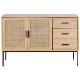Wyld And Coco Bohonest 2-Door Sideboard With 3 Drawers And Rattan Detail, Light Wood, Black Frame - W120 X D39 X H77Cm - thumbnail 1