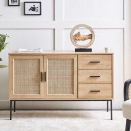 Wyld And Coco Bohonest 2-Door Sideboard With 3 Drawers And Rattan Detail, Light Wood, Black Frame - W120 X D39 X H77Cm - thumbnail 2