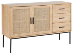Wyld And Coco Bohonest 2-Door Sideboard With 3 Drawers And Rattan Detail, Light Wood, Black Frame - W120 X D39 X H77Cm - thumbnail 3