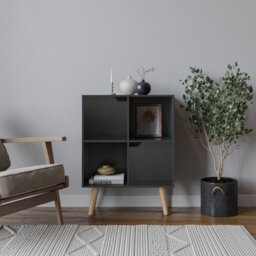 Urbn-Living Urbnliving 80Cm Height Black 4 Cube With Black 2 Wooden Door Bookcase With Beech Legs Shelves - thumbnail 1