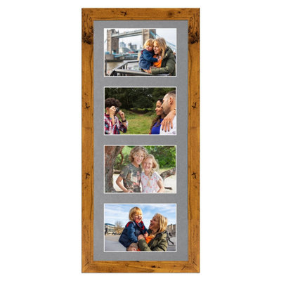 AK Frames 50X20Cm Rustic Oak Modern Multi Photo Frame With Mid Grey Mount - Holds 4 Apertures (4X) 6X4 Photos - image 1